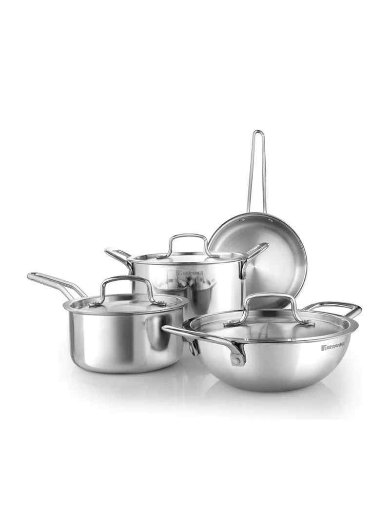 بيرجنر Bergner TriPro 7-Pc Triply Stainless Steel Cookware Set, 20cm (1.75L) Deep Stir-fry Kadai Pan, 20cm (1.60L) Sautepan, 16cm (1.75L) Saucepan, 20cm (3.55L) Casserole with 3 Lids, Induction & Gas Ready